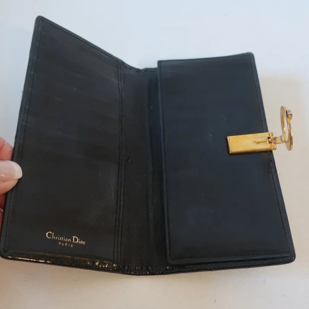 Womens Dior Black Canage Patent Leather O-Latch Quilted Vintage Long Wallet - Picture 5 of 16